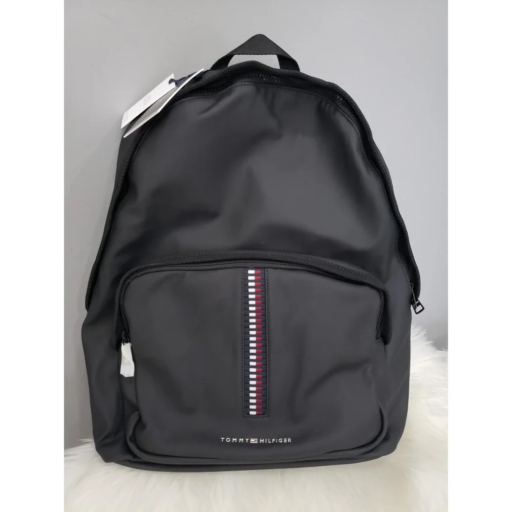 NEW TOMMY HILFIGER‎ Backpack LAPTOP Black Dome Stripe Logo Mens Travel School